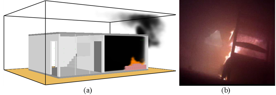 Spread of smoke within
4 minutes of fire: (a) Computer simulation
in FDS; (b) Experimental test